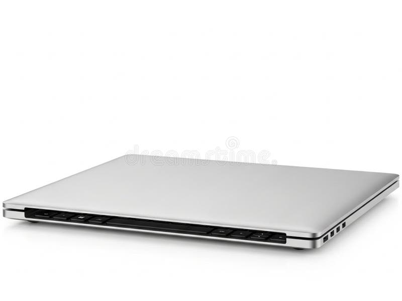 This image features a sleek, silver laptop computer isolated against a clean, white background. The laptop is shown from a side angle, highlighting its slim design and modern aesthetic. The white background enhances the visibility of the laptop's metallic finish and streamlined form. Laptop side angle illustrations