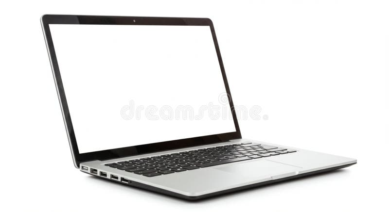 A silver laptop with a sleek design is displayed open at an angle. The device features a black keyboard and a blank white screen, indicating it's powered on. Multiple ports are visible on the left side, suggesting connectivity options. The laptop is set against a plain white background, highlighting its minimalist, modern aesthetic. Laptop side angle illustrations