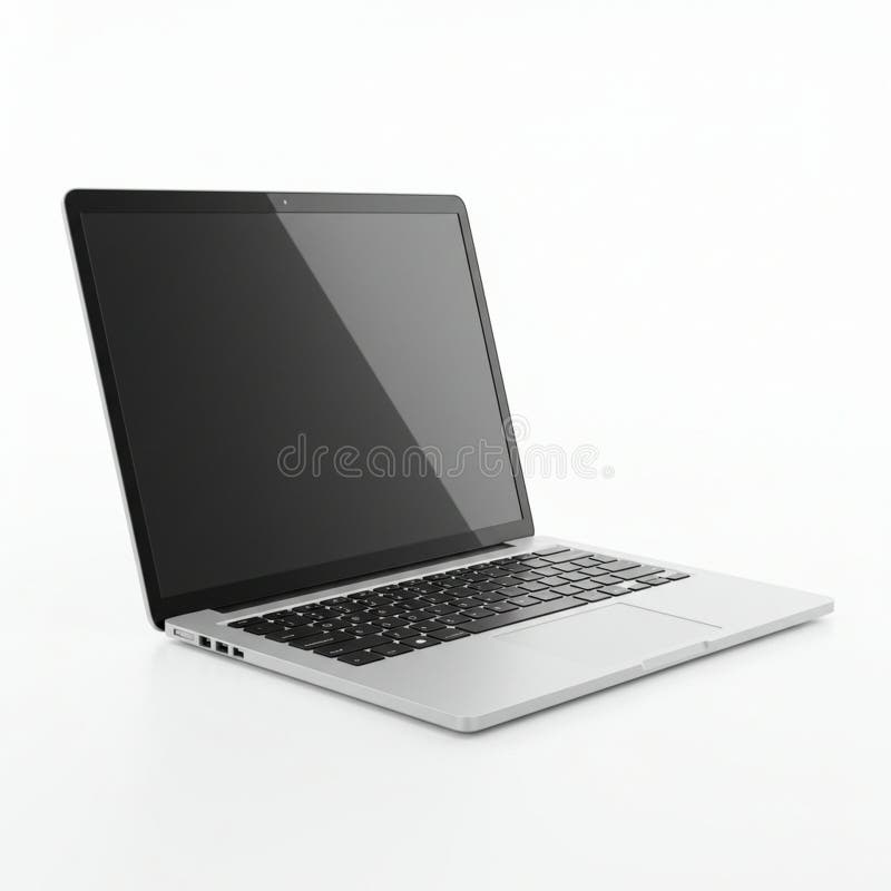 Silver laptop with a sleek design and an open lid positioned at an angle. It features a large black screen and a black keyboard with a spacious touchpad below. Several ports are visible on the left side, indicating connectivity options. The device is set against a white background, highlighting its modern aesthetic and minimalist style. Laptop side angle illustrations