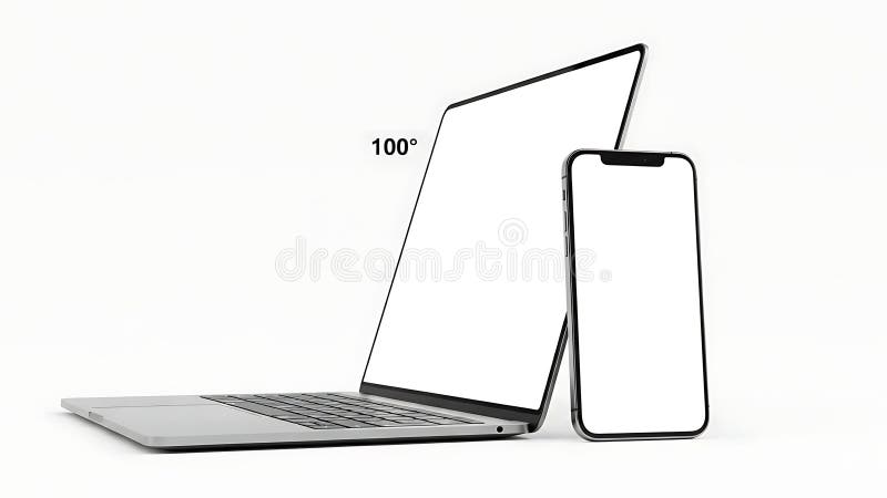 A silver laptop and a modern smartphone are placed next to each other on a white background. The laptop is open at a 100-degree angle, with its blank white screen facing forward. The smartphone is standing upright beside it, also with a blank white screen. This arrangement suggests a comparison or complementary use of devices. Laptop side angle illustrations