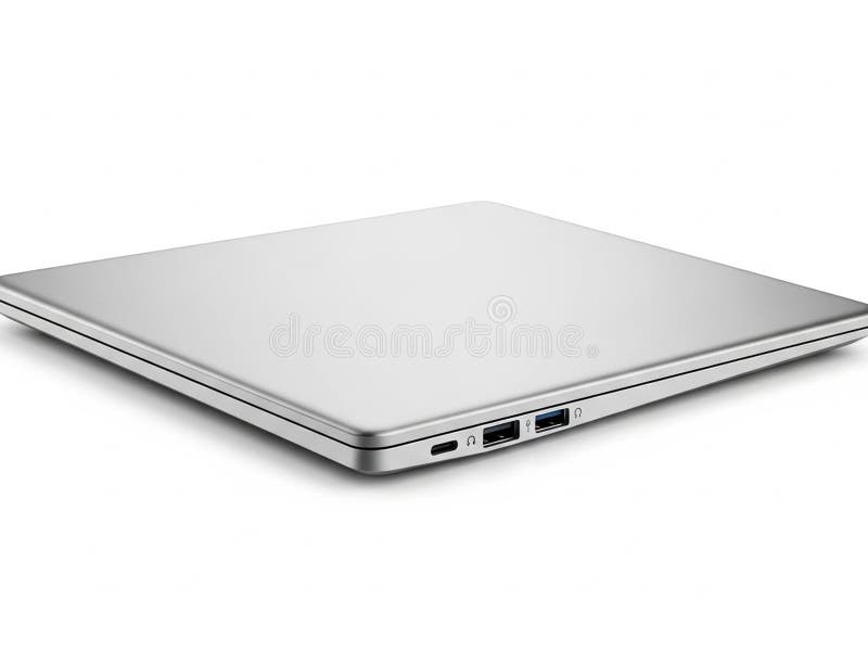 The image features a sleek silver laptop isolated on a white background. The laptop is shown from a side angle, displaying its ports and minimalist design. It is positioned slightly angled to highlight its slim profile and modern aesthetics. The white background enhances the visibility of the laptop's metallic finish and design details. Laptop side angle illustrations