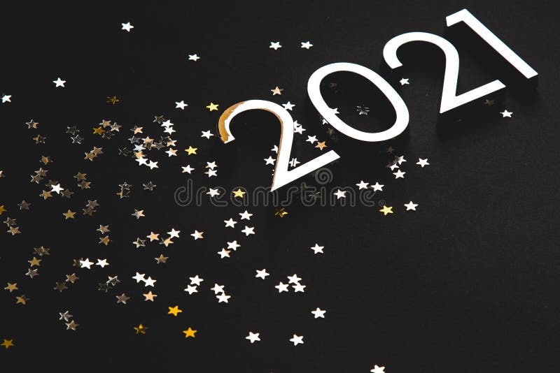 Silver Metal Numbers 2021 and Stars on Black Background Stock Image Image of greeting, happy