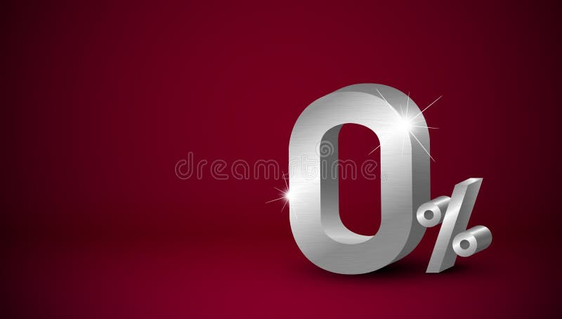 Silver metal zero percent or 0 on red background with copy space 3D vector illustration