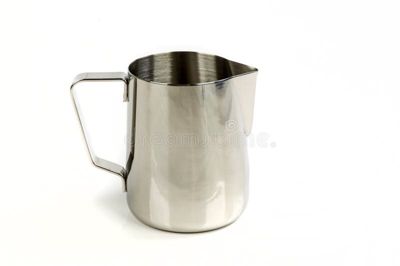 Silver Milk Steaming Cup with Handle on a White Surface Facing Right