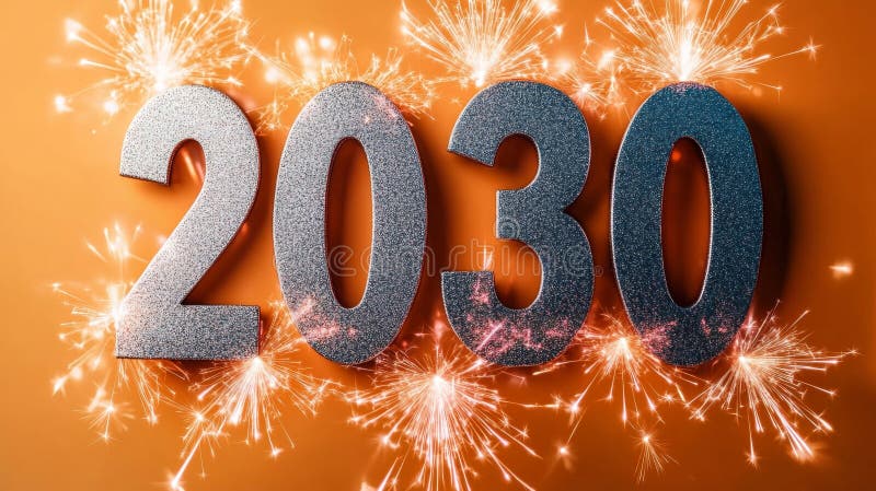 Silver 2030 New Year Celebration Banner with Sparkling Fireworks on Orange Background stock illustration