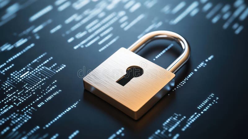 Silver padlock secures digital binary code, symbol of cybersecurity, data protection, and access control in the age stock illustration