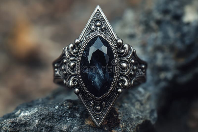 Silver ring with black gemstone resting on a rock, showcasing its intricate design and elegance stock images