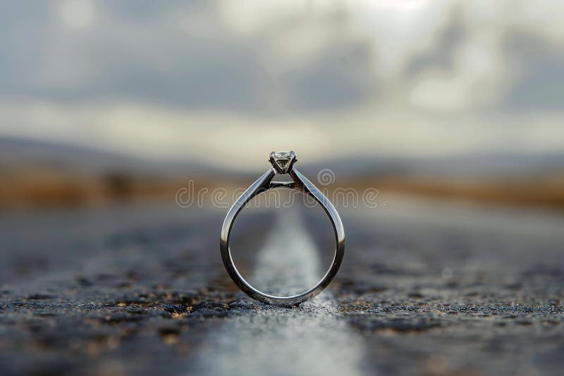 A silver ring with gemstones on top, placed in an open space on the road, captured from afar, with a blurred background and c stock illustration