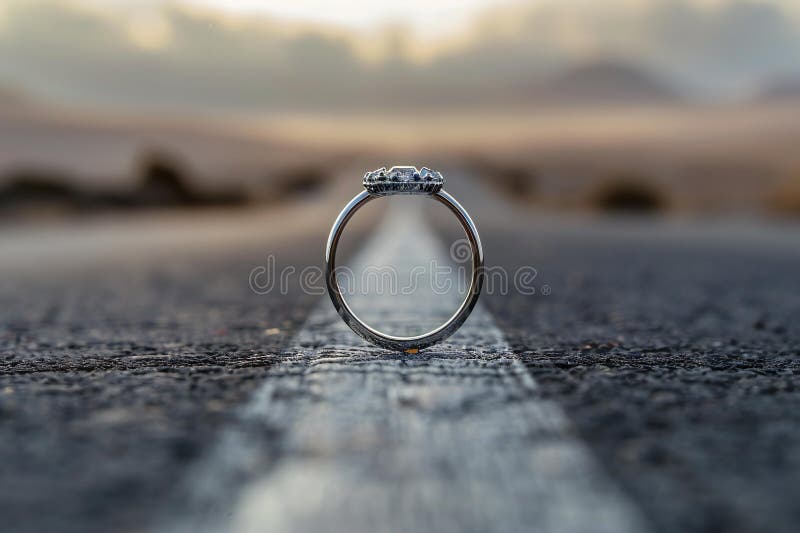 A silver ring with gemstones on top, placed in an open space on the road, captured from afar, with a blurred background and c royalty free illustration