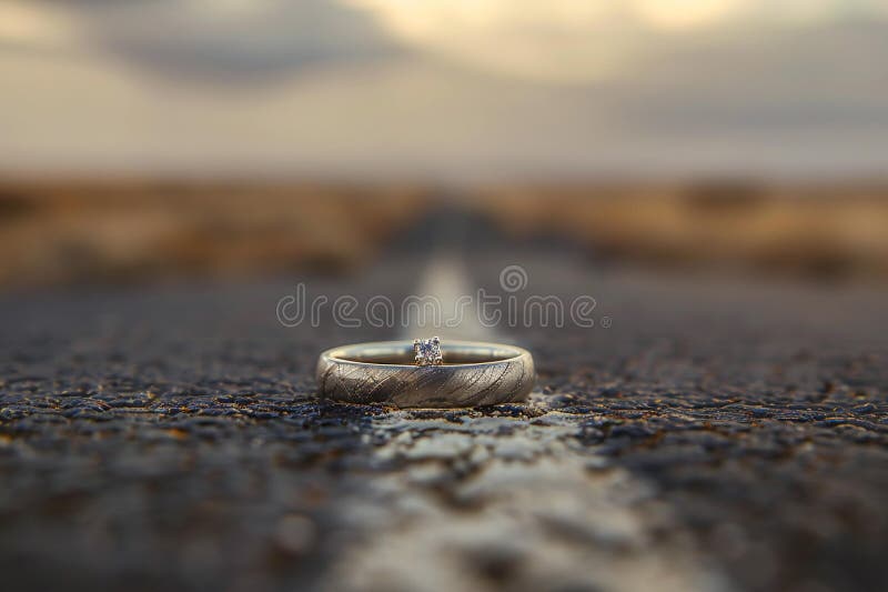 A silver ring with gemstones on top, placed in an open space on the road, captured from afar, with a blurred background and c vector illustration