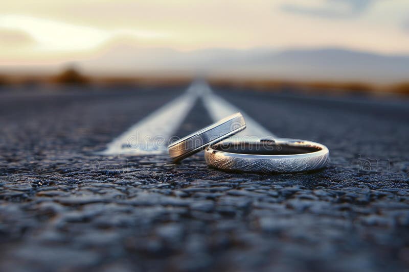 A silver ring with gemstones on top, placed in an open space on the road, captured from afar, with a blurred background and c stock illustration