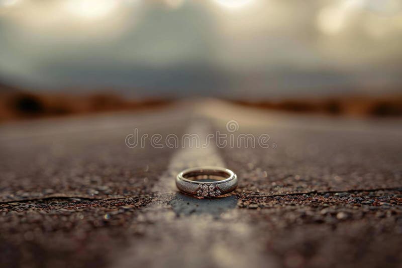 A silver ring with gemstones on top, placed in an open space on the road, captured from afar, with a blurred background and c vector illustration