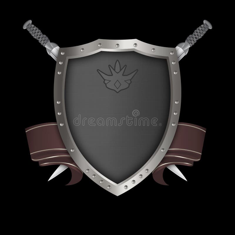 Silver Riveted Shield with Swords, Wings and Ribbon. Stock Illustration