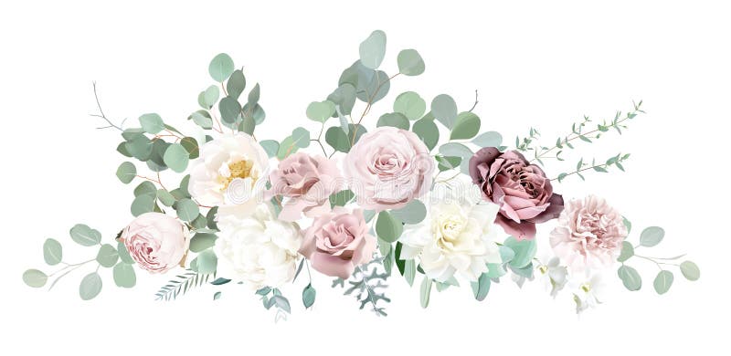 Silver sage green and blush pink flowers vector design bouquet. Dusty mauve rose, white dahlia, carnation