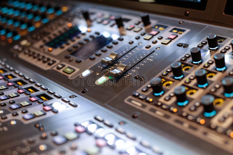Silver sliders of the Hi-End stage controller stock photography