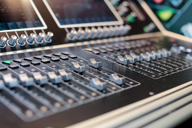 Silver sliders of the stage controller with screen royalty free stock photos