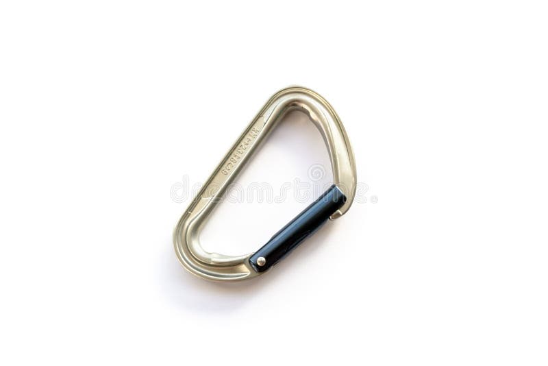 Silver solid straight gate carabiner karabiner used for rope clipping, centered and isolated on white background stock image