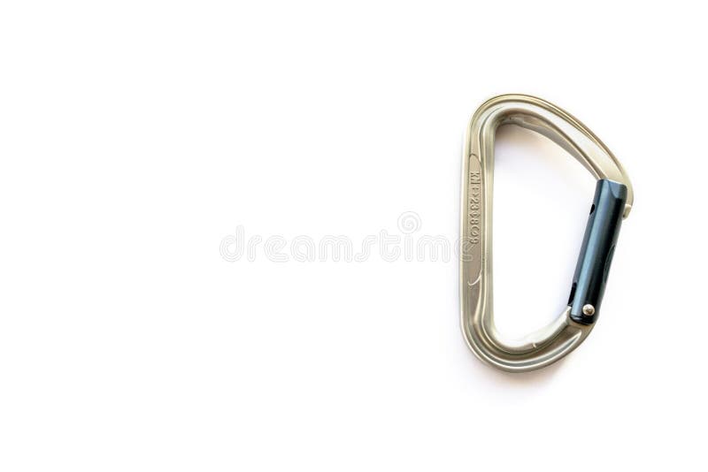 Silver solid straight gate carabiner with strength ratings, isolated on white background. Close up of non-locking binner stock images