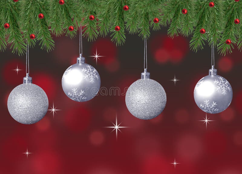 Silver sparkle and snowflake christmas balls with red abstract bokeh background pine branch and sparkles. Silver sparkle and snowflake christmas balls with red abstract bokeh background pine branch and sparkles