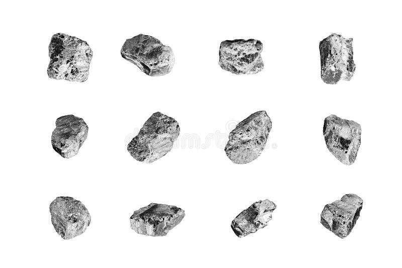 Plata piedras colocar blanco detallado, hierro mío roca, gris metálico la roca muestras textura, crudo piezas, grupo brillante gris grumos, una pieza, bruto.