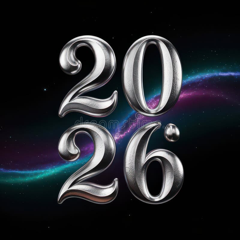 Silver 2026 Text on Cosmic Background with Starry Sky vector illustration