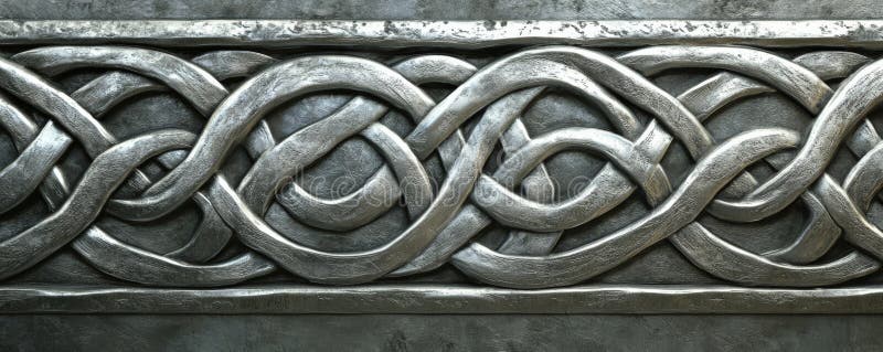 A silver textured surface with intricate, Celtic knotwork engravings, adding a touch of ancient stock photos