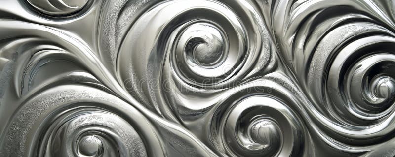 A silver textured surface with a smooth, reflective finish, highlighted by intricate, spiral stock photo