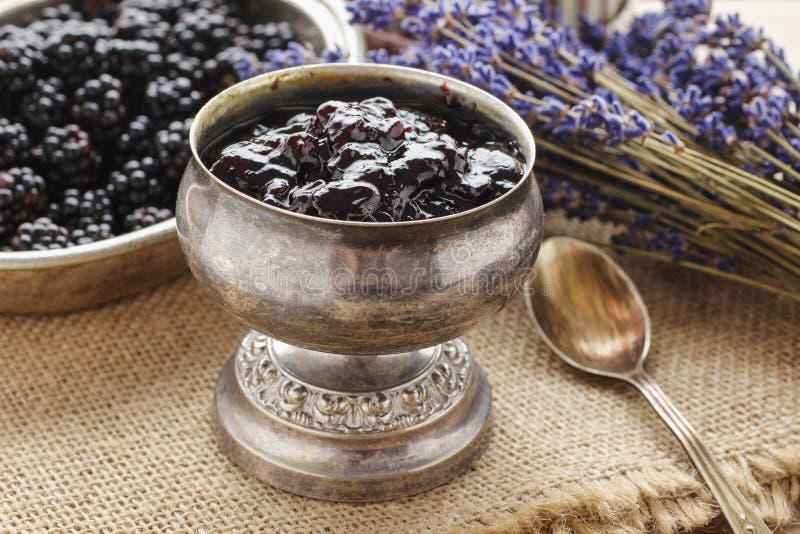 Silver vintage goblet of blackberry jam