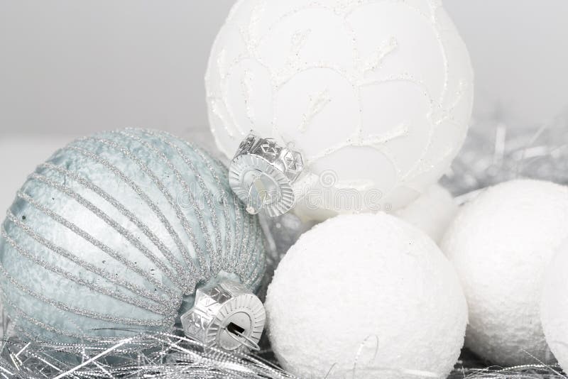 Silver and White Christmas Ornament Decorated Balls Close Up Stock