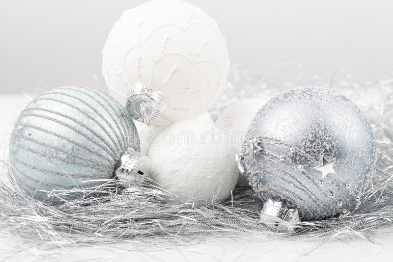 Silver and White Christmas Ornament Decorated Balls Close Up Stock