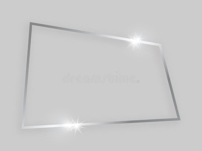 Shiny frame with glowing effects. Silver quadrangular frame with shadow on grey background. Vector illustration. Shiny frame with glowing effects. Silver quadrangular frame with shadow on grey background. Vector illustration