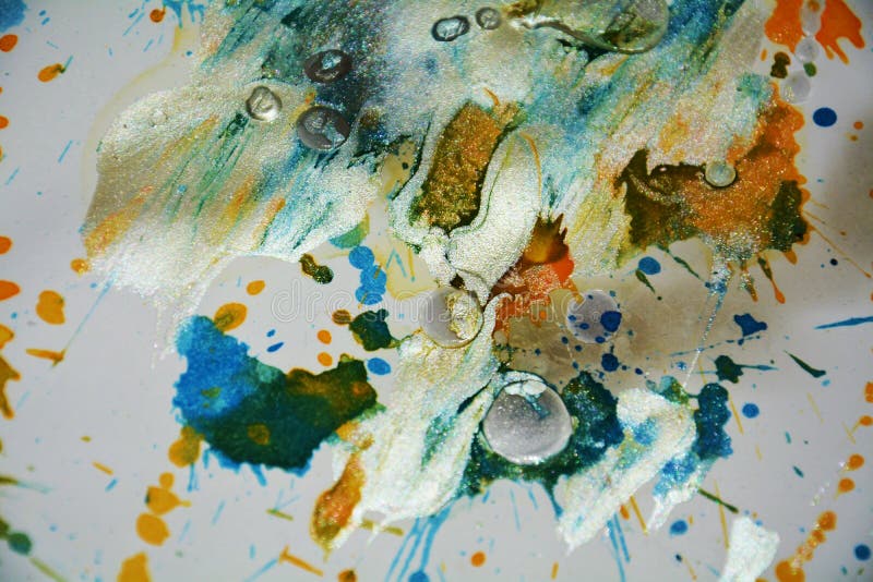 Silvery white green pastel gray orange dark watercolor waxy splashes, abstract creative background