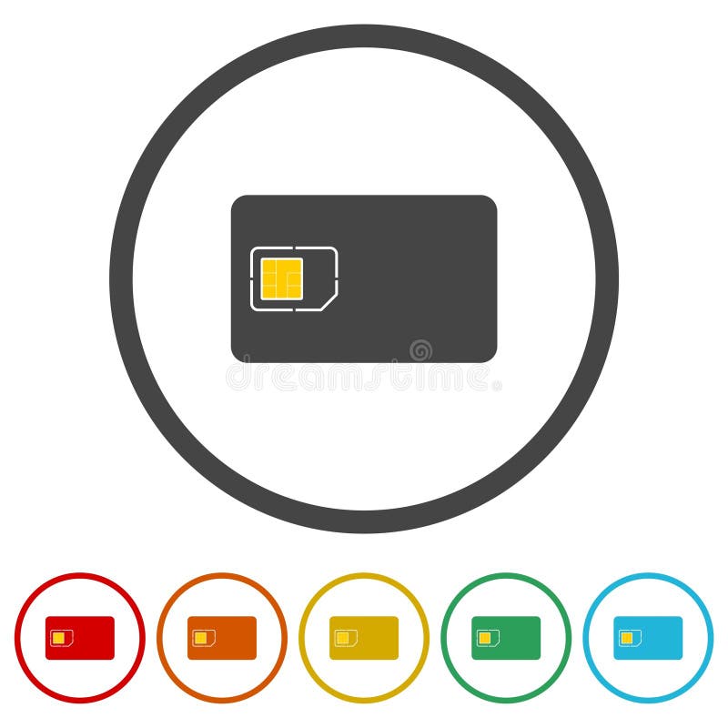 Sim Card mobile Cellular Phone Chip icon. Set icons in color circle buttons stock illustration