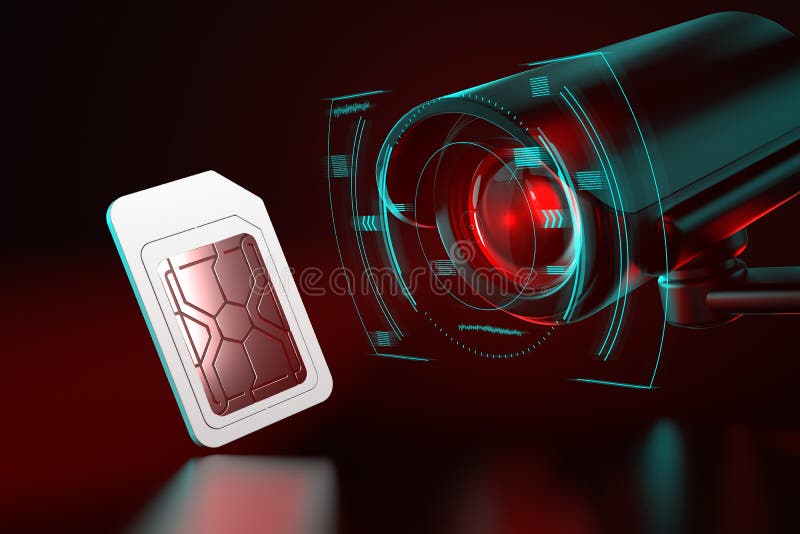 Sim card under observation. Spying on mobile data transfers or phone calls concept. 3D rendering royalty free illustration