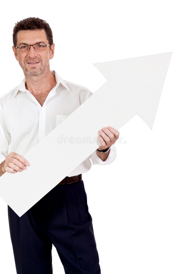 Simbol roșu om de afaceri zâmbitor adult care indică izolat stock photography