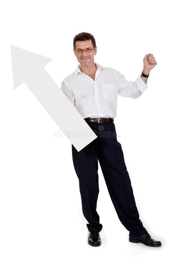 Simbol roșu om de afaceri zâmbitor adult care indică izolat stock photos