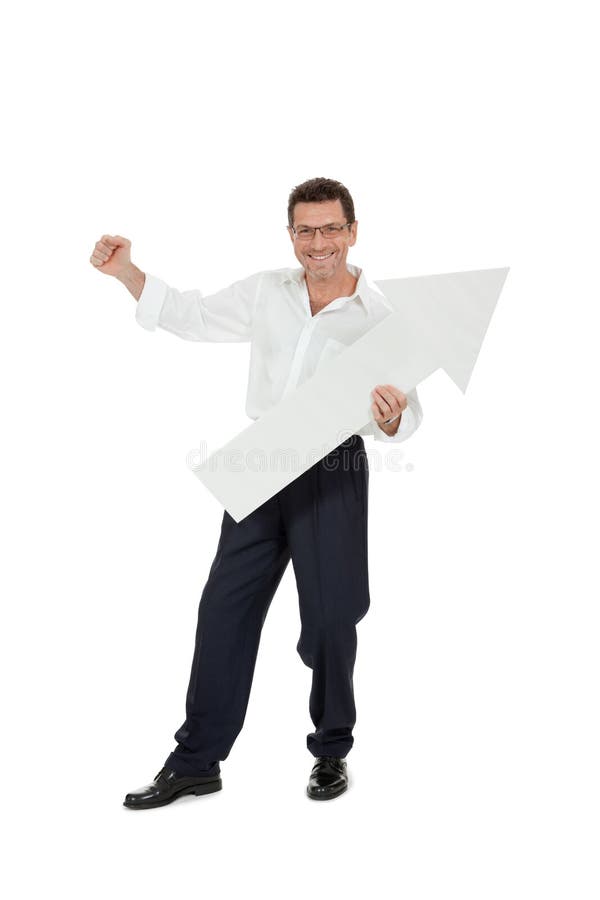 Simbol roșu om de afaceri zâmbitor adult care indică izolat stock photo