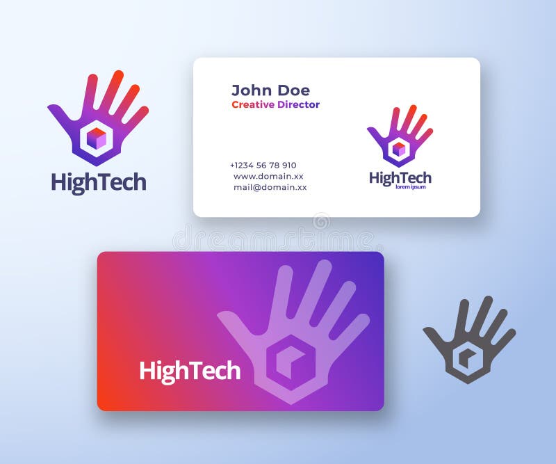 Simbol vector abstract de înaltă tehnologie sau siglă și șablon card pentru business. palmă cu pictogramă gradient cub cu royalty free illustration