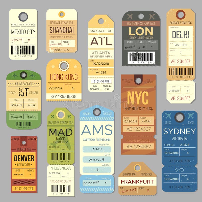 Simboli d'annata dell'etichetta del bagaglio del carosello di bagagli Il vecchio biglietto di treno ed il viaggio di linea aerea