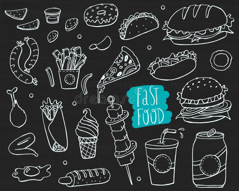 Simboli Dei Vettori Dotati A Mano Delle Doodle Alimentari Veloci royalty illustrazione gratis