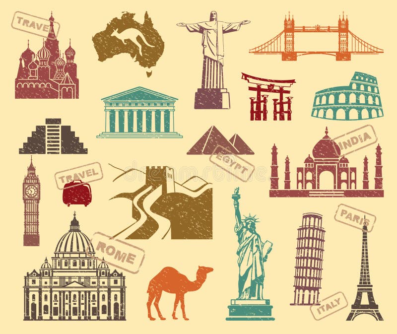 Icons of sights of the various countries of the world in retrostyle. Icons of sights of the various countries of the world in retrostyle