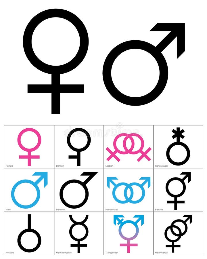 Simboli di genere, icone lineari di colore nero, blu e rosa dei simboli di genere Simboli maschili, femminili e transgender illustrazione di stock Simboli di genere, icone lineari di colore nero, blu e rosa dei simboli di genere Simboli maschili, femminili e transgender illustrazione di stock