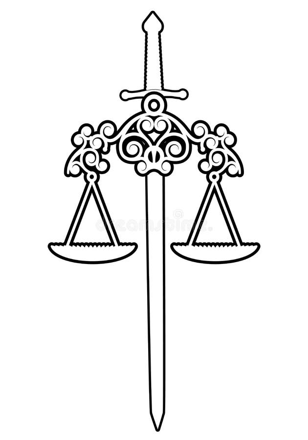 Simboli di giustizia Scala e spada isolate su fondo bianco illustrazione di stock Simboli di giustizia Scala e spada isolate su fondo bianco illustrazione di stock