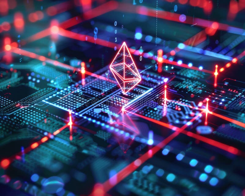 Simbolizando la tecnología de blockchain y la minería de criptodivisa avanzada una instalación de hardware de minería de eéreo fut foto de archivo