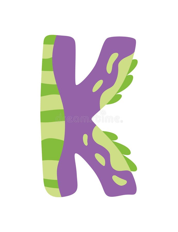 Simbolo alfabeto dinosauro. lettera k dell'alfabeto inglese a forma di dino. vignetta dai colori dei bambini divertente illustrazione vettoriale