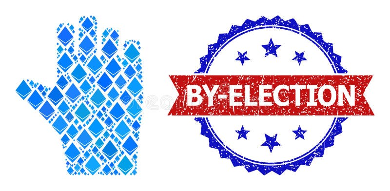 Simbolo blu brillante con la mano di voto e il sigillo di chiusura del francobollo illustrazione vettoriale