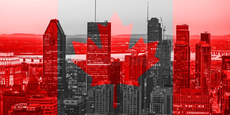 Simbolo canadese rosso sopra le costruzioni della città di Montreal alla festa nazionale del Canada del 1° luglio Bandiera di gio illustrazione vettoriale Simbolo canadese rosso sopra le costruzioni della città di Montreal alla festa nazionale del Canada del 1° luglio Bandiera di gio illustrazione vettoriale