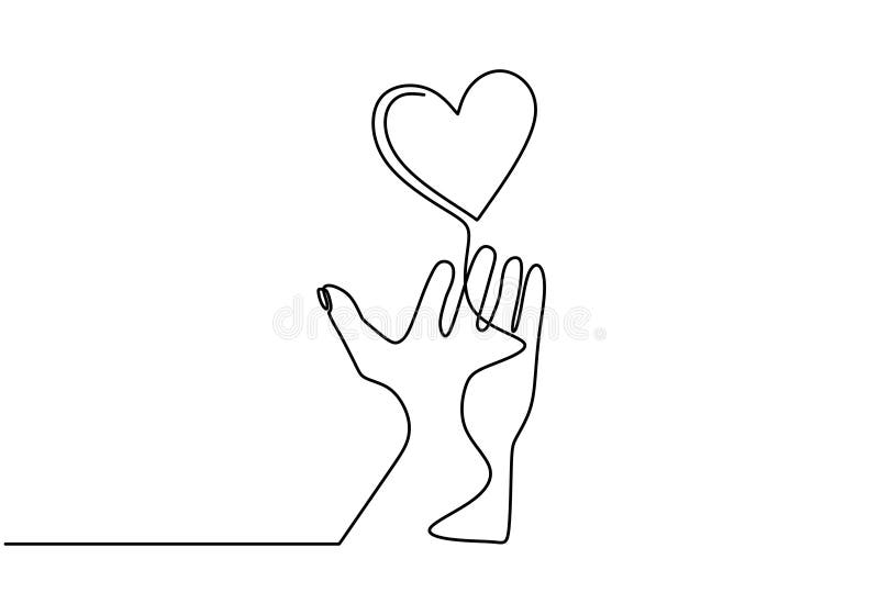 Simbolo d'amore con mano e cuore Disegno di linea continuo, disegno di sketch a mano Buon per San Valentino e#x27;s day illustrazione di stock