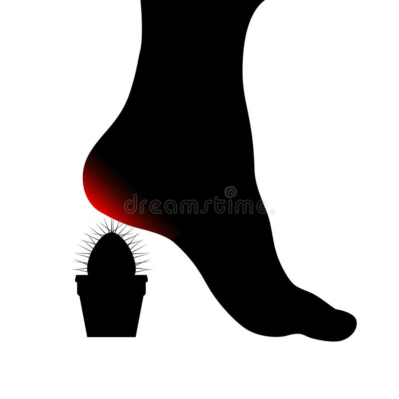 Simbolo del piede umano con il tallone rosso irritato doloroso Le spine dorsali del cactus perforano il piede femminile Concetto illustrazione di stock Simbolo del piede umano con il tallone rosso irritato doloroso Le spine dorsali del cactus perforano il piede femminile Concetto illustrazione di stock