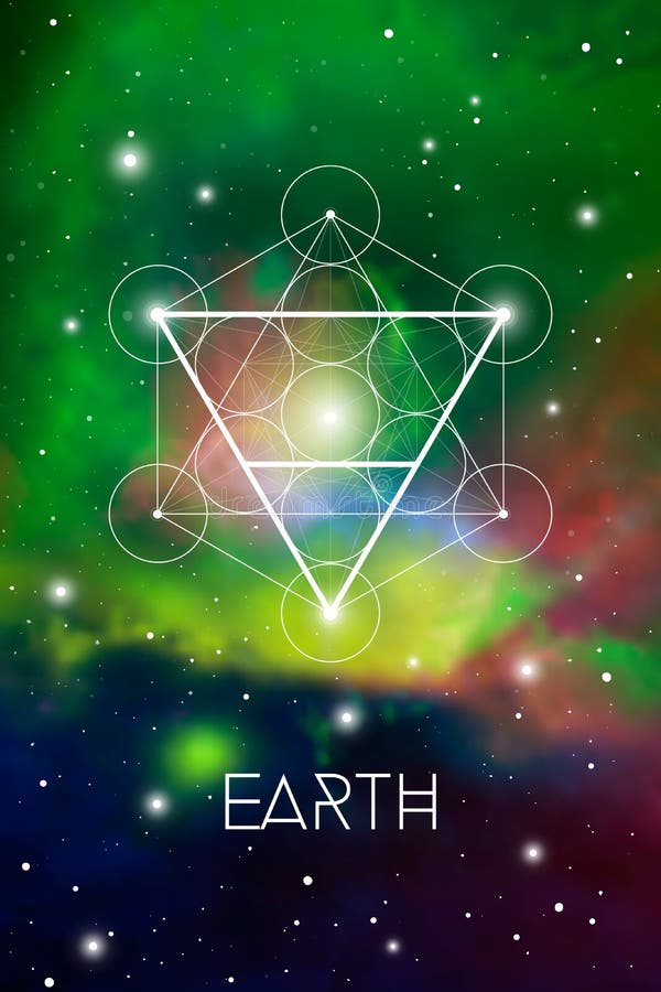 Simbolo dell'elemento della terra dentro il cubo di Metatron ed il fiore di vita davanti al fondo cosmico dello spazio cosmico Se royalty illustrazione gratis Simbolo dell'elemento della terra dentro il cubo di Metatron ed il fiore di vita davanti al fondo cosmico dello spazio cosmico Se royalty illustrazione gratis